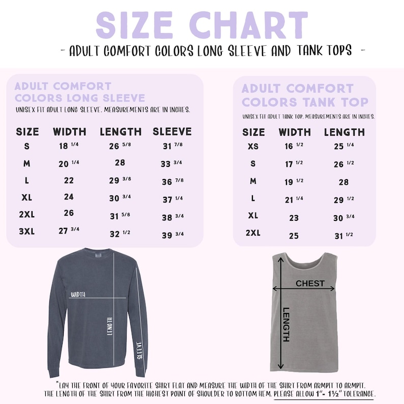 The image is a size chart for adult comfort colors long sleeve and tank tops. It provides measurements for different sizes, including XS, S, M, L, XL, and XXL. The chart includes a chest measurement for tank tops. The image does not contain any text that can be described in more detail, and it does not include any additional information about the clothing items or their features.