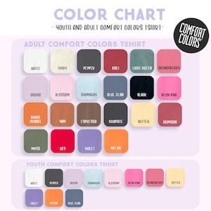 The image is a color chart for a youth and adult comfort t-shirt, displaying a variety of colors and their corresponding names.