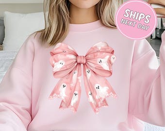 Coquette Halloween Sweatshirt Cute Bow Halloween Sweatshirt Pink Halloween Cute Ghost Sweatshirt Coquette Pink Halloween Gift For Her