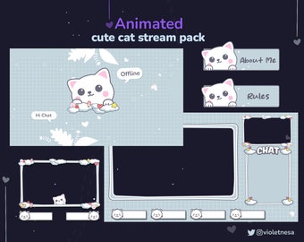 May include: Animated Twitch stream pack featuring a cute white cat with pink cheeks and a blue bow. The pack includes an offline screen, a chat screen, an about me panel, and a rules panel. The background is a light blue grid with white clouds and hearts.