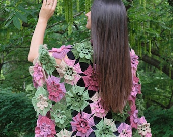 Large Triangular Melange Shawl Bulk Flowers/ Warm Women Accessories / Hand Knitted Lace Shawls / Perfect Gift for Her /Crochet Shawl