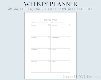Weekly Planner | Printable | PDF | SVG | Minimalist | Letter, A4, A5, Half Letter | Week at a glance | To do list | Weekly Agenda | Organize
