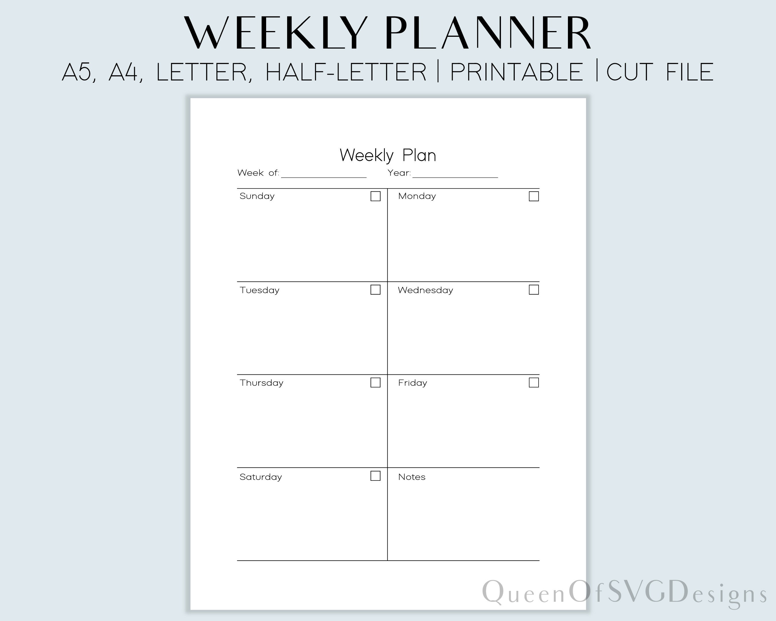 Weekly Planner | Printable | PDF | SVG | Minimalist | Letter, A4, A5 ...