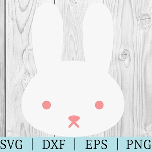 May include: A white bunny rabbit face with pink cheeks and a pink nose. The bunny is looking straight ahead with a simple, closed mouth.