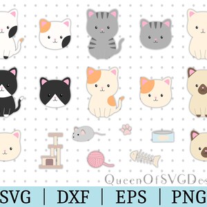 May include: A set of 12 cute cartoon cat illustrations in various poses and colours, including black, white, grey, orange, and brown. The set also includes cat-themed accessories like a scratching post, ball of yarn, fish bone, and a can of cat food. The text "QueenOfSVGDesigns" is at the bottom of the image.