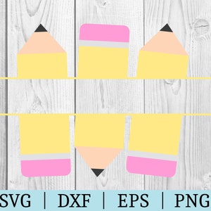 May include: A digital cut file design featuring a split monogram with three yellow pencils with pink erasers. The pencils are arranged in a split monogram design with the top two pencils pointing up and the bottom pencil pointing down. The design is perfect for creating personalized crafts and projects.