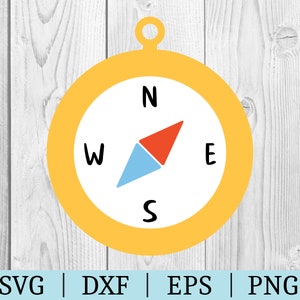 Puede incluir: Una brújula amarilla con una flecha roja y azul que apunta al norte. La brújula tiene las letras N, S, E y W alrededor del borde.