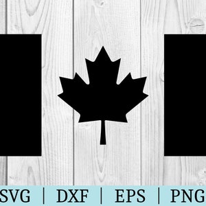 May include: Black and white silhouette of the Canadian flag with a red maple leaf in the centre.
