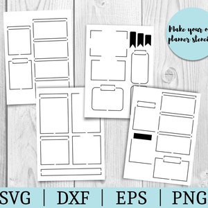 Könnte beinhalten: Ein Satz von vier schwarzen und weißen Planer-Schablonen. Die Schablonen sind für die Verwendung mit einem Planer oder Bullet Journal konzipiert. Die Schablonen umfassen eine Vielzahl von Formen und Größen, darunter ein Glas, ein Ordner und ein paar Rechtecke. Der Text "Make your own planner stencils!" ist in einem Kreis oben im Bild geschrieben.