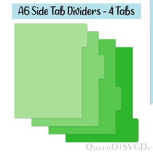 May include: A set of four green A6 side tab dividers. The dividers are layered on top of each other, with the largest divider at the back and the smallest divider at the front. The dividers are all the same shape, but they are different sizes. The dividers have tabs on the side, which can be used to label different sections of a binder.
