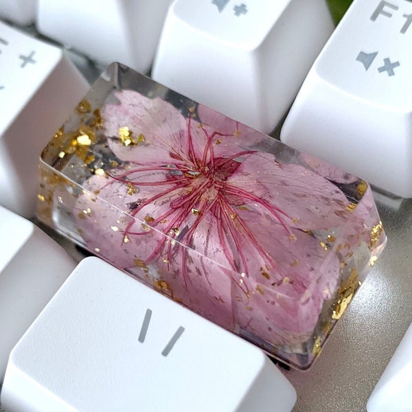 Backspace Resin Keycap with Natural Pink Cherry Blossom and Golden Flakes for Mechanical Keyboard