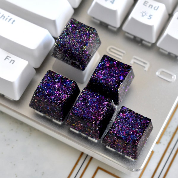 5PCS Keycaps Set for mechanical keyboard | Handmade resin keycaps | Arrow keys + Escape key | Holographic Blue Purple Glitter