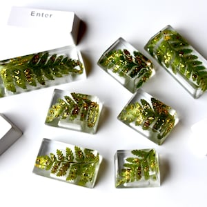 Plant Resin Keycaps Set for Mechanical Keyboard with Real Green Fern Leaves sprinkled with Gold Foil | MX-Style Stem | OEM profile