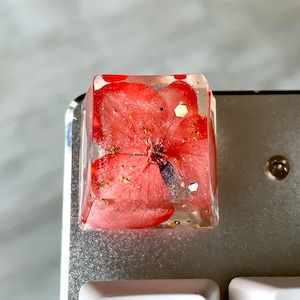 Esc-Harz-Tastenkappe mit natürlicher roter Blume, Gold und Glitzer für mechanische Tastatur | Einzigartige Kreation | OEM-Profil | MX-Style Vorbau