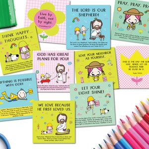 May include: A set of 10 colourful cards with inspirational quotes and bible verses. Each card features a cartoon illustration of a person and a dog. The cards are perfect for encouraging and uplifting others.