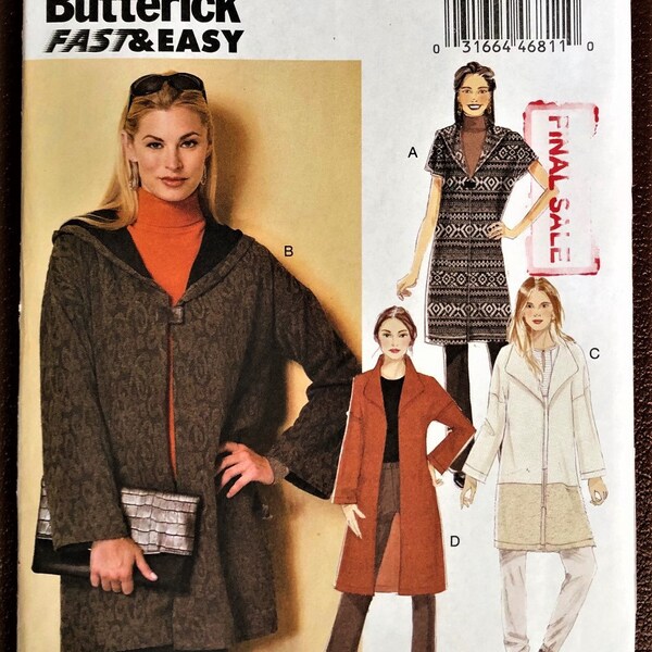 Unlined Shawl Collar Coats With Sleeve and Hood Options Sewing Pattern Butterick 6394. Size 4-14. Bust: 29.5-36" Versatile Coat. UNCUT!