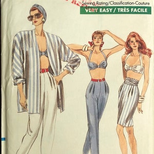 May include: Vogue Patterns 7200 sewing pattern envelope. The illustration shows three women in 1980s-style outfits, including a striped jacket and trousers, a halter top and trousers, and a halter top and skirt. The envelope is white with black text.