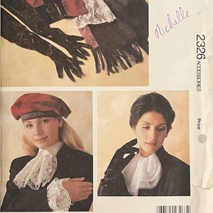 May include: Kwik Sew pattern 2326 for accessories. The image shows a beret, gloves, and a ruffled collar. The pattern cover features a woman wearing a red beret and a woman wearing a black jacket with a white ruffled collar.