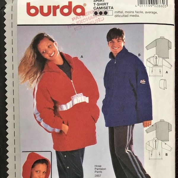 Vintage 90's Oversize Pullover Jacket With Hoodie Option Sewing Pattern Burda 2860.  Chest Size: 34-38" Loose Fit, Broad Shoulders UNCUT!