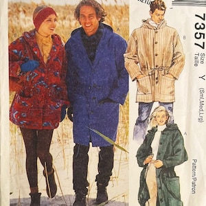 May include: A McCall's 7357 sewing pattern envelope featuring illustrations of hooded jackets. The front shows a red patterned jacket, a blue long coat, a tan striped jacket, and a dark green jacket. Text includes McCall's 7357, Size Y, and price.