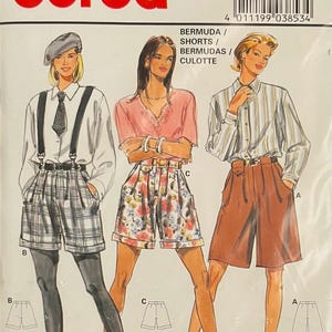 May include: A sewing pattern for Bermuda shorts, culottes, and shorts. The pattern is for sizes 34-44 and 8-18. The pattern is illustrated with three women wearing different styles of shorts.