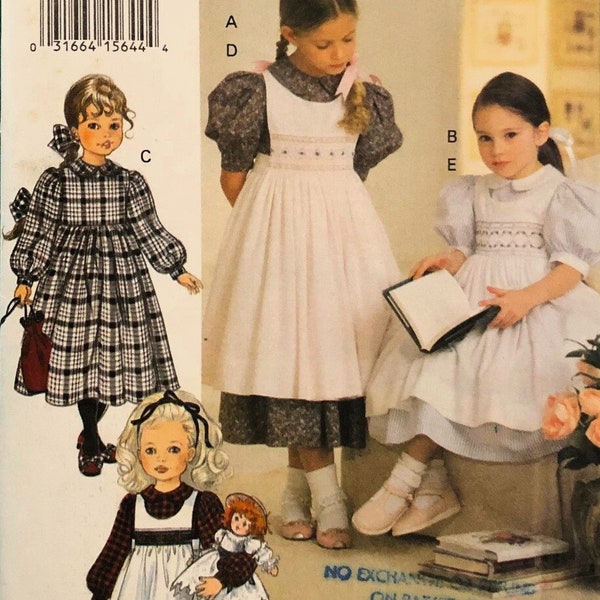 Vintage 1990's Child's Dress & Pinafore Sewing Pattern Vogue 8608. Hidden Pocket Holds Adorable Little Stuffed Rabbit Size: Kids 5-6X UNCUT!