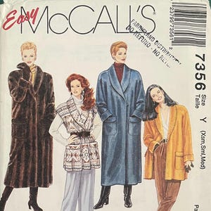 May include: McCall's sewing pattern envelope featuring illustrations of coats, a jacket, and a vest. The envelope includes the number 7356 and the text "Easy". The size is indicated as Y (Xsm, Sml, Med).