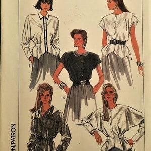 Vintage 80&#39;s Blouse With Unique Shaped Hem & Collar and Sleeve Options Sewing Pattern Simplicity 8437. Size 10. Bust: 32.5-34.5&quot; UNCUT!