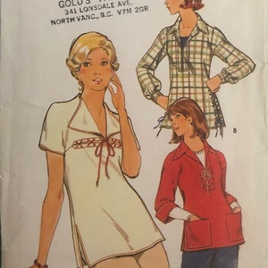 May include: A vintage sewing pattern for a women's blouse with a tie neck. The pattern is from Butterick and is number 4181. The pattern is for sizes 16. The pattern includes instructions for making a blouse with a tie neck and a long-sleeved blouse with a plaid pattern.