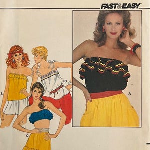 May include: A vintage sewing pattern envelope for a women's top and skirt. The pattern is for size small and is called "Butterick 4401". The pattern is for a strapless top with a ruffled trim and a skirt with a ruffled hem. The pattern is "Fast & Easy" and costs $2.50.