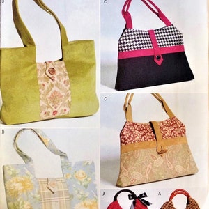 May include: A sewing pattern for making five different handbags. The pattern is for a tote bag, a satchel, and three smaller handbags. The pattern is from Butterick and the pattern number is B4364.