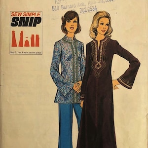 May include: Sew Simple Snip pattern envelope for a dress and a top. The envelope is beige with a brown border and features a drawing of two women wearing the garments. The dress is a long, dark brown dress with a V-neck and long sleeves. The top is a blue and white patterned top with a mandarin collar and long sleeves. The envelope includes the pattern number 4323 and the text "Don't miss your Style".