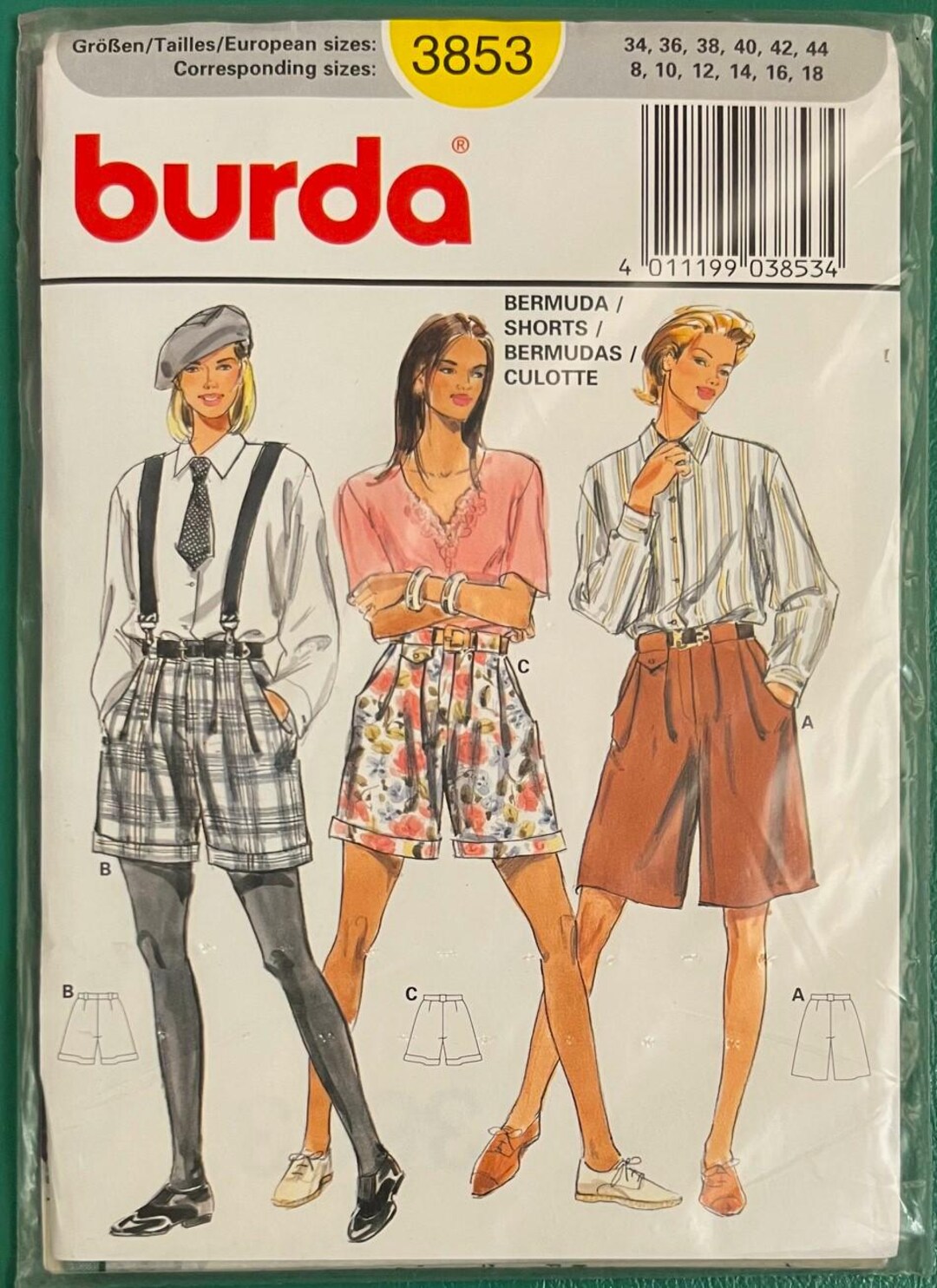 Vintage, Bermuda Shorts Sewing Pattern Burda 3853. Size 8-18. Bust: 24. ...
