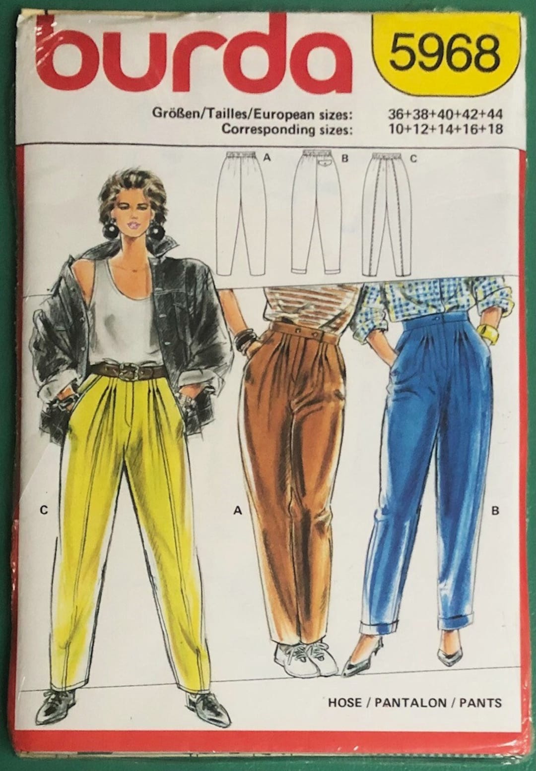 Vintage 80's High Waisted Pants in 3 Versions Sewing Pattern Burda 5968