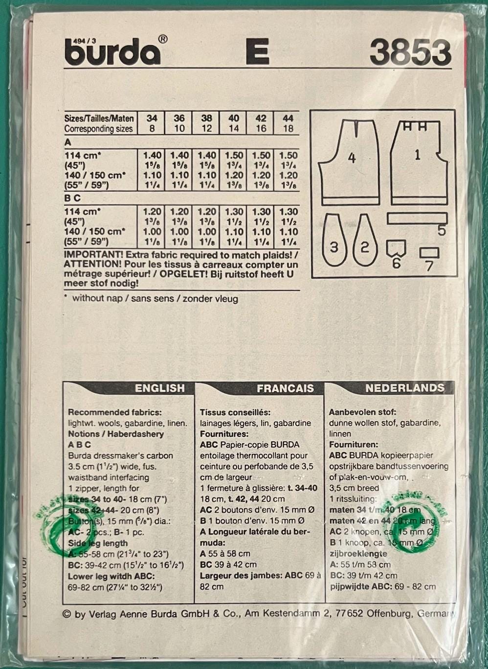Vintage, Bermuda Shorts Sewing Pattern Burda 3853. Size 8-18. Bust: 24. ...