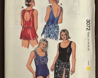 Swimsuits, Skirt and Wrap Sewing Pattern Kwik Sew 3072. Size 1X-4X. Bust: 45-57" Plus Size, Full Piece, Bathing Suit, Swim Wear. UNCUT!