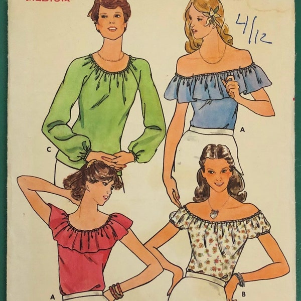 Vintage 1970's, Stretch Knit Top In 3 Versions, Sewing Pattern Butterick 5975. Size Medium. Bust: 34-36". Ruffled, Off The Shoulder. CUT!