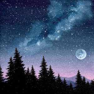 Moonrise II 6 x 6” original watercolor painting featuring sunset scene, night sky, galaxy, clouds, full moon and trees