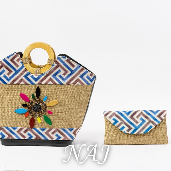 Large fiber  and wood handbag comes with the clutch purse.  Very colorful, very light , Gift for anyone