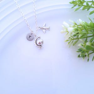 World Globe Necklace,Rotate World map,Personalised Initial,Plane world Necklace, Map and Airplane pendant with letter, Traveller, going away