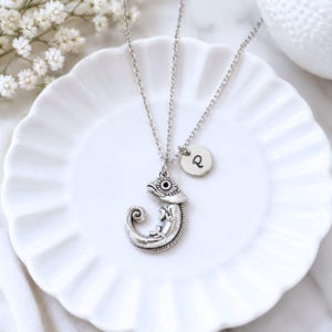 May include: A silver-toned metal necklace featuring a detailed chameleon pendant with a curled tail and a small circular charm engraved with the letter P. The pendant and charm hang from a delicate silver-toned chain, creating a layered look.