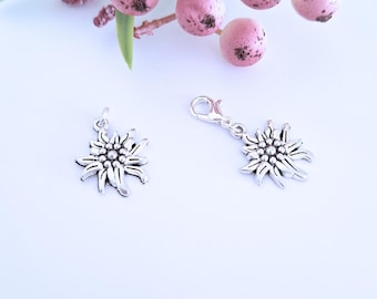 Edelweiss Flower Clip On Charm: Silver Tone Zipper Pull, Lobster Clasp