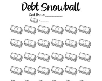 May include: Black and white illustration of a "Debt Snowball" worksheet. The title is in a script font. The worksheet includes a space for a debt name and a series of stacks of money, representing debt reduction steps.