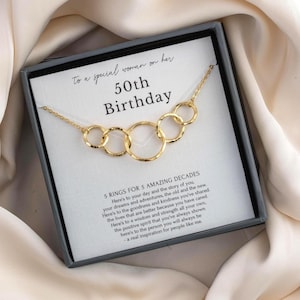 50e verjaardag ketting cadeau voor haar – 5 ringen 5 decennia ketting sterlingzilver en goud voor 50 jaar oud, vriend wordt 50 cadeau voor vrouwen