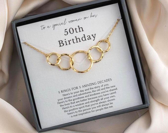50th Birthday Necklace Gift for Her – 5 Ring 5 Decades Necklace Sterling Silver & Gold for 50 yr old, Friend turning 50 Gift for Women