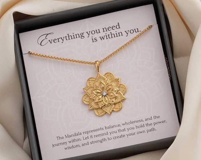 Gold Mandala Necklace Floral Jewelry Spiritual Gift for Her | Empowerment & Sacred Geometry Stainless Steel