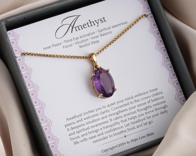 Amethyst Gold Necklace - February Birthstone Jewelry, Gemstone Pendant, 18K Gold-Plated Spiritual Gift for Her, Calming Purple Quartz