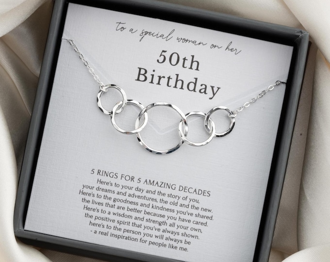 50th Birthday Necklace Gift for Her – 5 Ring 5 Decades Necklace Sterling Silver & Gold for 50 yr old, Friend turning 50 Gift for Women