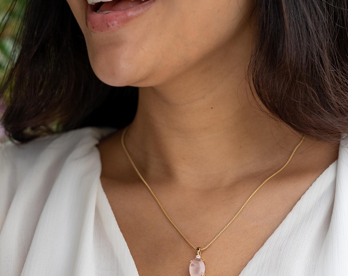 Rose Quartz Necklace Gold | Heart Chakra Jewelry for Women | Self Love Healing Pendant Gift