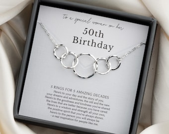 50th Birthday Necklace Gift for Her – 5 Ring 5 Decades Necklace Sterling Silver & Gold for 50 yr old, Friend turning 50 Gift for Women